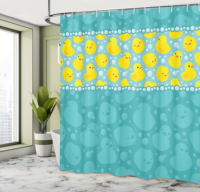 Ambesonne Rubber Duck Shower Curtain, Cartoon Style Duckies Swimming in Water Pattern Fun Bubbles Aqua Colors, Cloth Fabric Bathroom Decor Set with Hooks, 69" W x 75" L, Teal Blue
