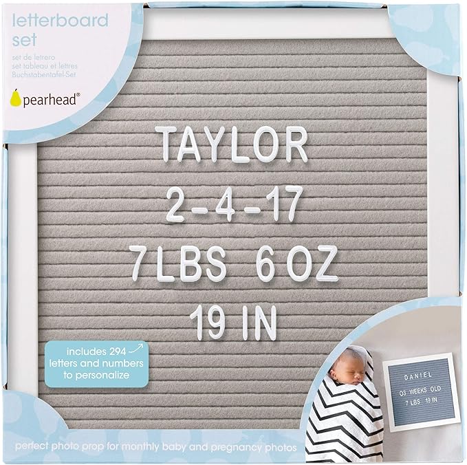 Pearhead Classic Wooden Letterboard, Gender-Neutral Baby Keepsake Nursery Décor, Photo Prop Message Board, Gray and White