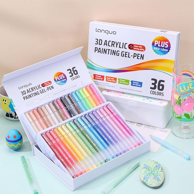 Acrylic Gel Pens for Coloring, 36 Colors Set 3D Acrylic Paint Pens with 1mm Bullet Tip for Adult Coloring, Gel Pens for Black Paper, Rock, Glass, Fabric, DIY and Art Crafts Supplies