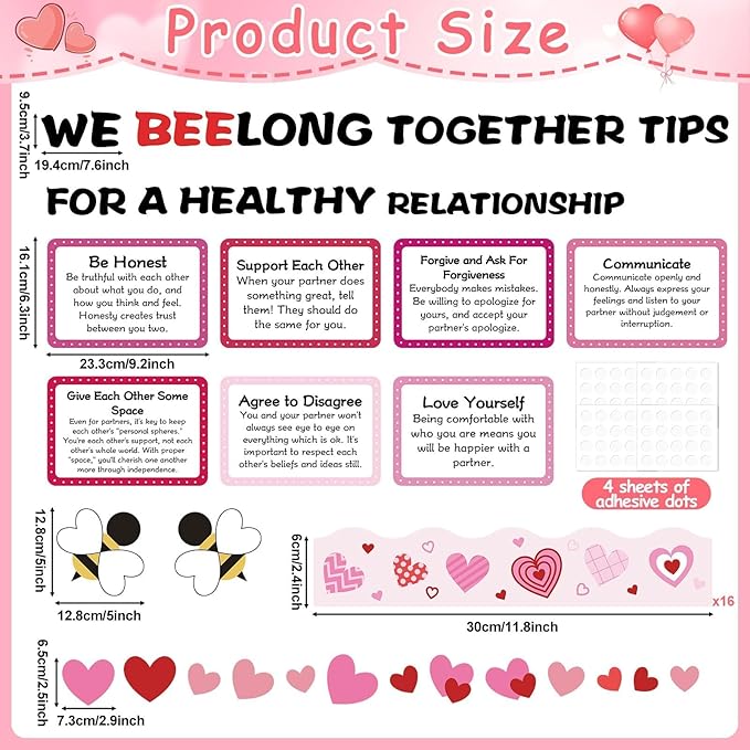 Valentine's Day Bulletin Board Set We Bee Love Heart Classroom Decorations Bee Long Together Paper Cutouts Healthy Relationship Tips Bulletin Board for Valentines School Office Door Decor Supplies