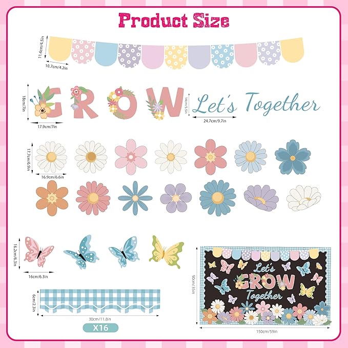 Spring Bulletin Board Set Spring Classroom Decorations Let’s Grow Together Inspirational Bulletin Board Flower Cutouts for Home School Office Chalkboard Whiteboard Wall Window Door Decor Supplies