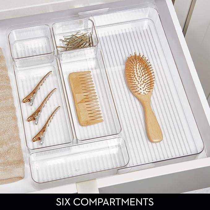 iDesign Makeup Drawer Organizer-Storage Cosmetics or Jewelry, Set of 2, Clear Luci Divided Expandable Tray-Large M2