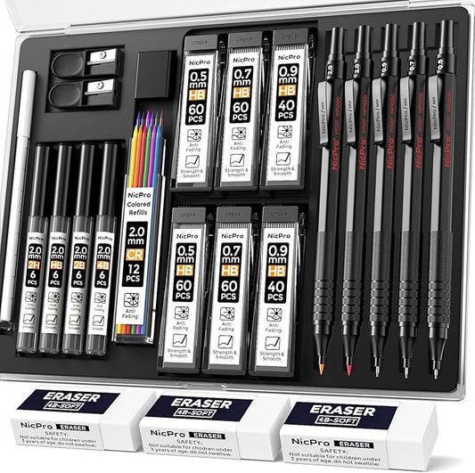 Nicpro 22PCS Art Mechanical Pencil Set, Black Artist Metal Drafting Pencil 0.5 & 0.7 & 0.9 mm & 2PCS 2mm Graphite Lead Holder(4B 2B HB 2H) for Drawing Writing Sketching With Lead Refills Erasers Case