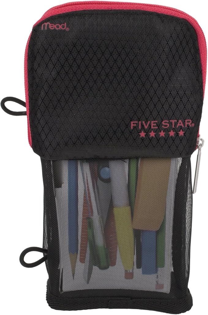 Five Star Pencil Pouch, Pen Case, Fits 3 Ring Binder, Stand 'N Store, Black/Hot Pink (50516)