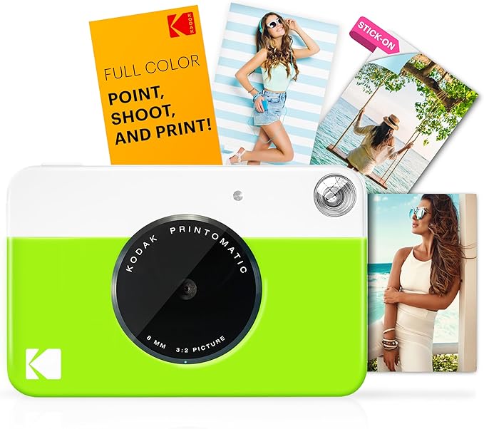 Kodak Printomatic Full-Color Instant Print Camera Gift Bundle + Soft Case + Zink 2x3 Sticky Back Photo Paper 20pk + Album + Sticker Sets + Sticker Frames + Markers + Hanging Frames, Fun Gift - Green