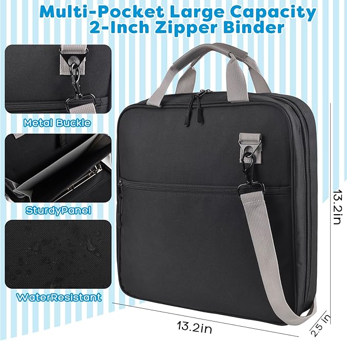 ChezMax Zipper Binder 3 Ring with Lunch Box - Zipper Binder Organizer Bag with Shoulder Strap & Handle, 2 Inch O Ring Binders, Large 500 Sheet Capacity & Multi-Pocket Binders Bag Organizer, Black