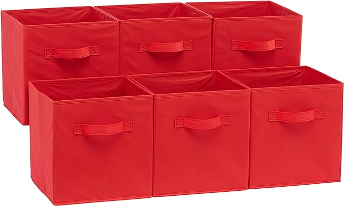 Amazon Basics Collapsible Fabric Storage Bins with Handles, Cube Organizer, Home Organization, 10.5"x10.5"x11", Red, 6-Pack