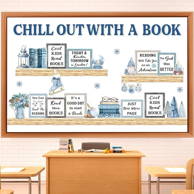 Qilery Winter Reading Bulletin Board Set – Christmas Classroom Decorations with Snowflakes & Book Quotes, Holiday Literacy Wall Decor for Teachers, School Library, Seasonal Reading Corner Display