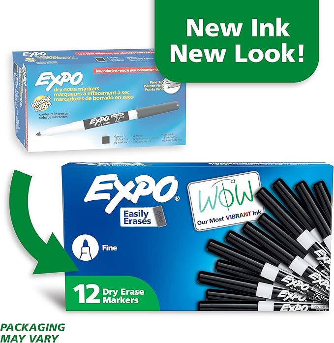 EXPO Dry Erase Markers, Low Odor Ink, Black, Fine Tip, 12 Count - Whiteboard, Calendar, Organization, Essential Supplies for Office, School, Classroom, Teachers
