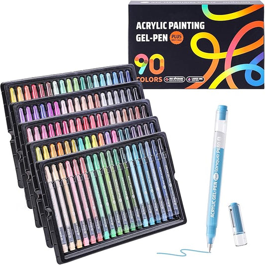 Acrylic Painting Gel Pens 90 Colors with 1mm Bullet Tip, Color Gel Pens for Adult Drawing, Coloring, Sketching, Journaling, DIY, Acrylic Ink Pen for Black Paper, Rock, Glass, School and Art Supplies