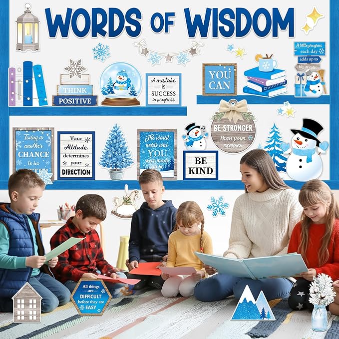 57 Pcs Winter Bulletin Board Set Inspirational Snowflake Bulletin Board Decoration Positive Cutout Classroom Decoration for School Office Home Teacher Classroom Wall Supplies