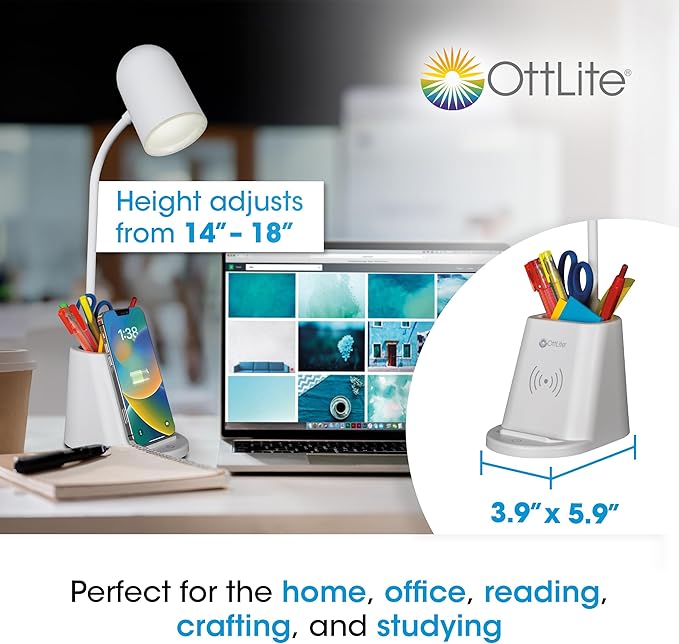OttLite Aglow LED Desk Lamp with Wireless Charging Stand, 3 Color Temperatures, Storage and Organization Area, Book Light, Table Lamp Reading Light, Work Light, Desk Lights for Home Office or Bedside