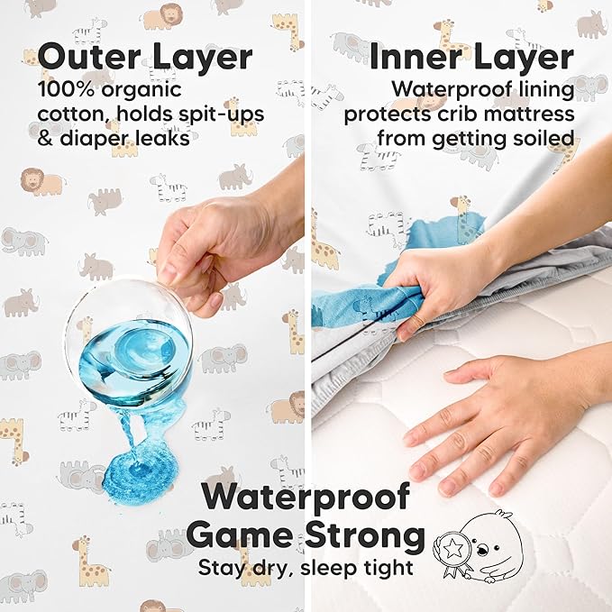 2-Pack Waterproof Crib Sheets for Boys, Girls - 52x28 Fitted Organic Cotton Baby Crib Sheets, Toddler Mattress Protector Cover, Washable, Soft & Durable Baby Bedding Essentials (KeaSafari)