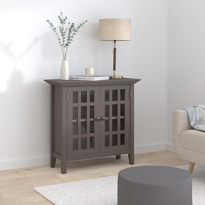 SIMPLIHOME Bedford Storage Cabinet - 32 inch Wide Solid Wood Low Media Cabinet in Farmhouse Grey, Transitional Console for Living Room, Entryway, or Dining Room with Glass Doors and Adjustable Shelves