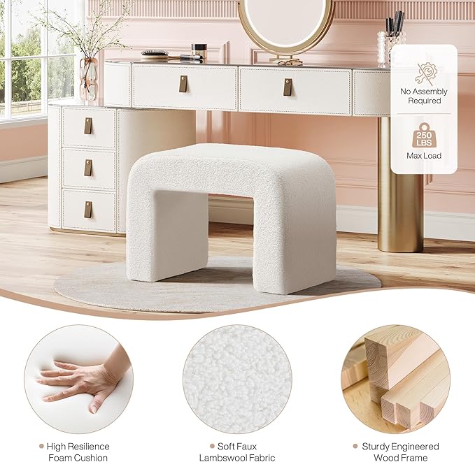 Tribesigns Foot Rest for Couch, Modern Faux Sherpa Ottoman Foot Stool, Large Boucle Vanity Stool Chair, Arched Shoe Bench or Entryway, Upholstered Extra Seating for Living Room, Fully Assembled, White