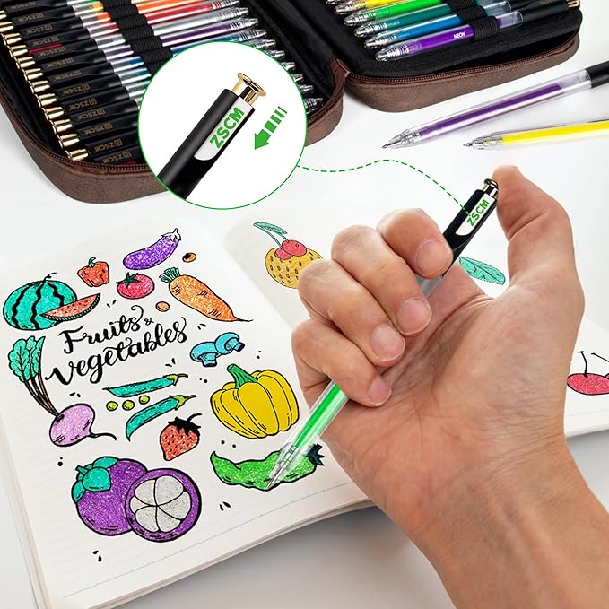 Retractable Gel Pen For Adult Coloring, 60 Colors Large Capacity Multicolor Gel Ink Pens, 1 mm Fine Point Smooth Writing Color Pen for Adult Coloring Book Note Taking Aesthetic Art Supplies
