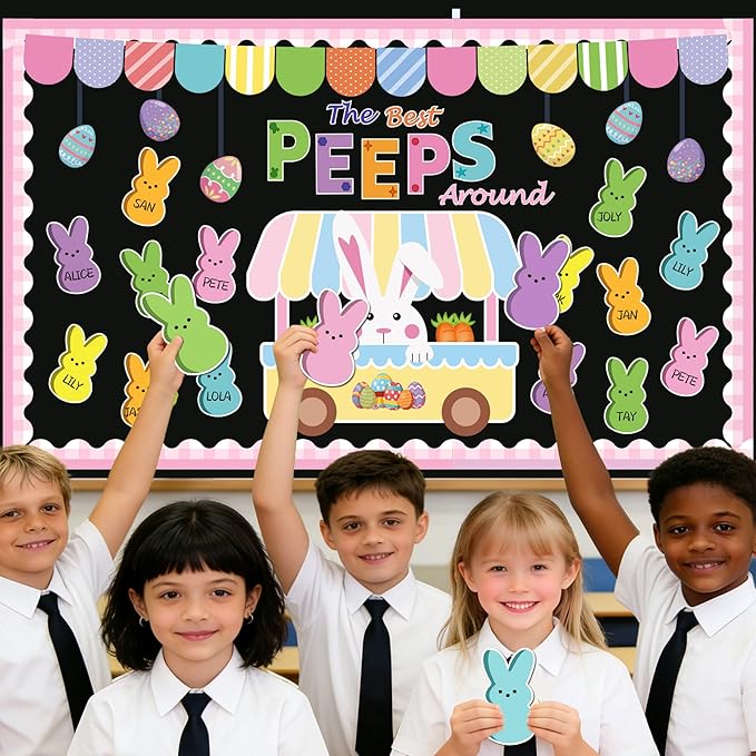 Easter Bulletin Board Decorations, 76pcs Spring Easter Classroom Decorations Set, Easter Eggs Bunny Cutouts Easter Bulletin Board, Peeps Decorations School Classroom Home Office Spring Easter Decor
