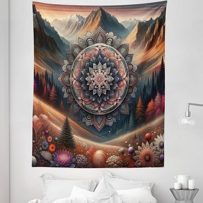 Ambesonne Hippie Tapestry Twin Size, Modern Scandi Blooming Trippy Flower with Mountain Landscape Woodland, Wall Hanging Bedspread Bed Cover Wall Decor, 68" X 88", Pale Vermilion Cadet Blue