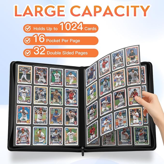 1000+ Pockets Premium Trading Card Binder, 16 Pockets Trading Card Binder Ringless Side Loading Trading,Card Holder Folders for MTG, TCG, Game Cards & Sports Cards(Black)