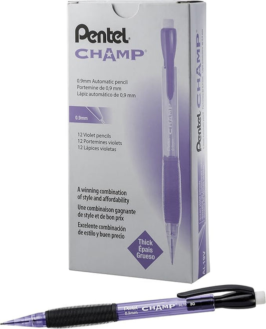 Pentel Champ Mechanical Pencil, (0.9mm), Tinted Violet Barrel, Box of 12 (AL19V)