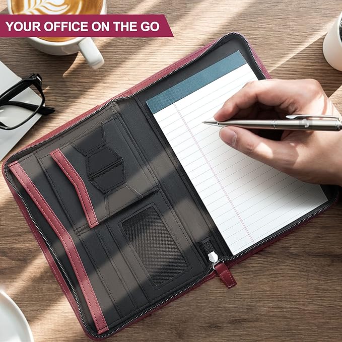 Godery Padfolio/Portfolio, Leather Zippered Padfolio Portfolio Binder 5 x 8 Legal Writing Pad, Professional Business Portfolio for Men & Women, Card Holder, Notepad Clipboard Holder (Red)