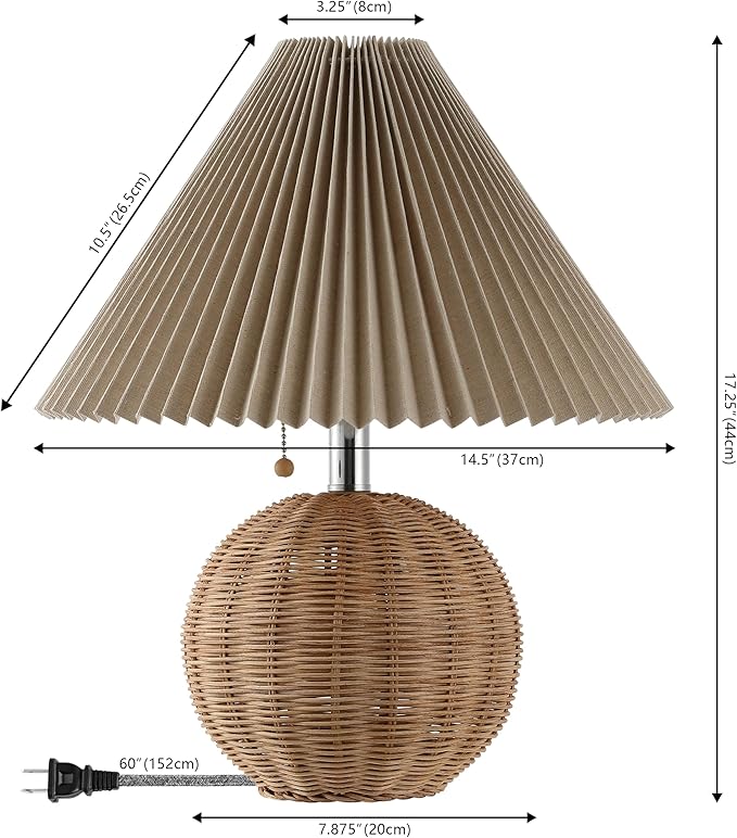 JONATHAN Y 17.25" Natural/Chrome/Dark Beige Sphere Table Lamp, Mid-Century Bedside Nightstand with Beige Pleated Linen Shade, Scandinavian Coastal Style, LED Bulb Included (JYL1145C)