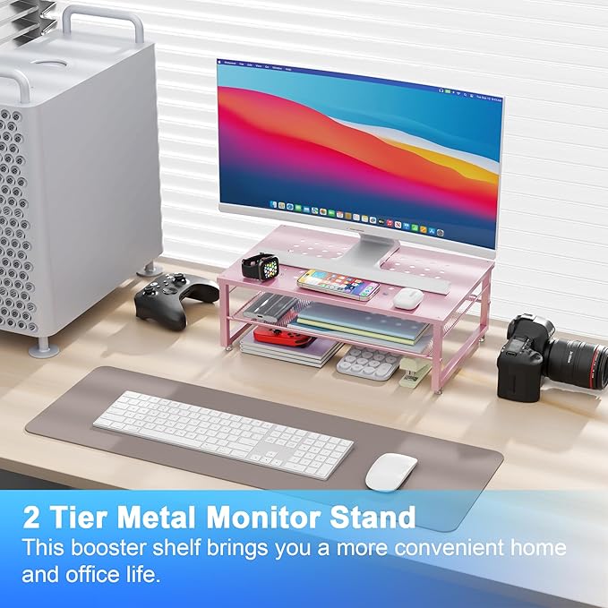 Gianotter 2-Tier Metal Monitor Stand Riser, Workspace Organizer with Desk Accessories, Office Storage for Supplies (Pink)