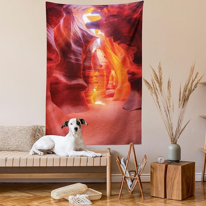 Ambesonne Americana Tapestry, Sunbeam Piercing Through Sandstone at High Noon in Antelope Canyon Picture, Wall Hanging for Bedroom Living Room Dorm Decor, 40" X 60", Orange Coral Red