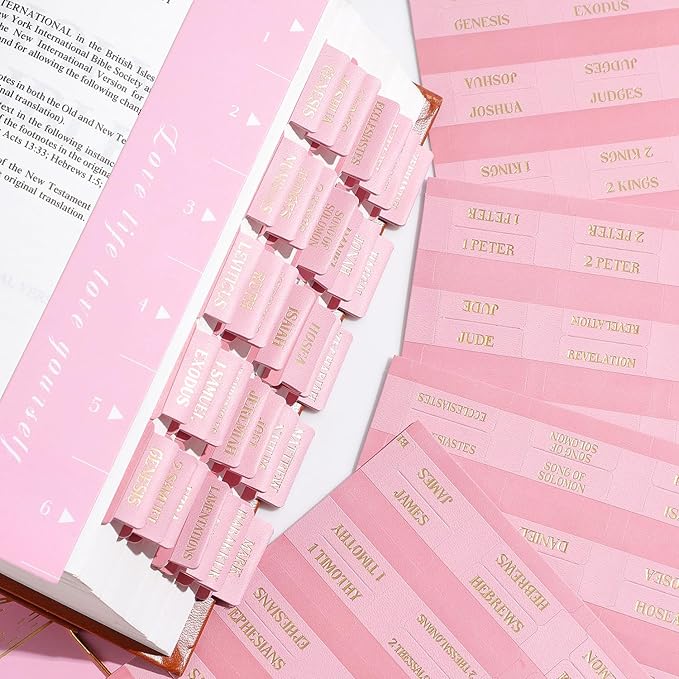 Leather Bible Tabs, Bible Tabs for Women and Men(Gold Foil Lettering) Large Print Stickers, Easy to Read and Apply, 66 Chapters & 14 Blank DIY Labels for Easy Navigation, Christian Accessories(Pink)