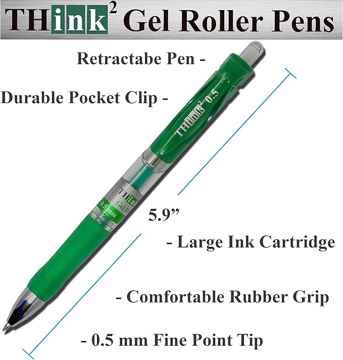 [24 Pens - Green Ink] Think2 Retractable Gel Pens. (24 Green) Fine Point (0.5mm) Rollerball Pens with Comfort Grip.