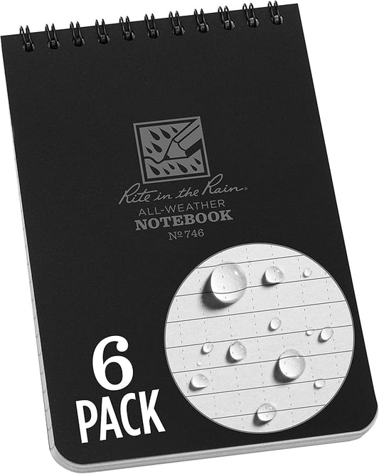 Rite in the Rain Weatherproof Top Spiral Notebook, 4" x 6", Black Cover, Universal Pattern, 6 Pack (No. 746L6)