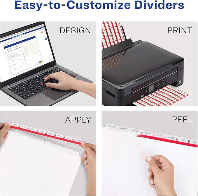 Avery 8 Tab Plastic Dividers for 3 Ring Binder, Easy Print & Apply Clear Label Strip, Index Maker Customizable Frosted White Tabs, 1 Set (11450)