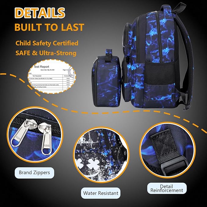 Boys Backpack with Lunch Box Glow in Dark Kids Ages 4-12 Kindergarten Elementary Middle School Teens Bookbag Mochilas Para Niños, Luminous Face Black Blue