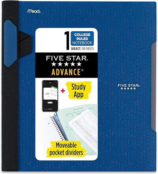 Five Star Advance Spiral Notebook + Study App, 1 Subject, College Ruled Paper, 8-1/2" x 11", 100 Sheets, Spiral Guard, Movable Tabbed Dividers, Color Selected For You, 1 Count (06322)