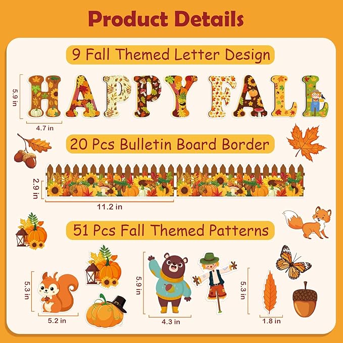 80 Pcs Happy Fall Cutouts for Bulletin Board Decor Set with Border - Fall Thanksgiving Paper Cut-Outs Autumn Themed Maple Leaves Pumpkin Wall Decals for Kids Teacher Supplies Classroom School