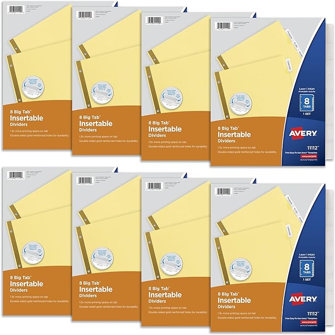 Avery 8 Tab Binder Dividers, Insertable Clear Big Tabs, 1 Set Pack, 8 Packs, 8 Sets Total (11112)