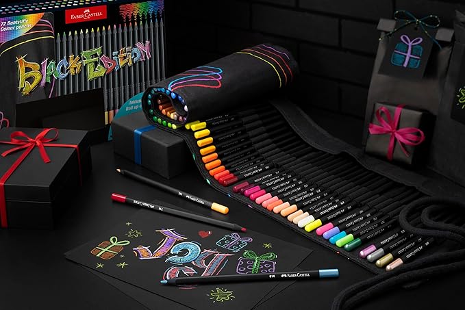 Faber-Castell Black Edition Colored Pencils Roll: Soft Core Pencils with Bold Pigment and Smooth Laydown, Break-Resistant Leads, Ergonomic Grip, and Roll-Up Case for Travel (72 Count)