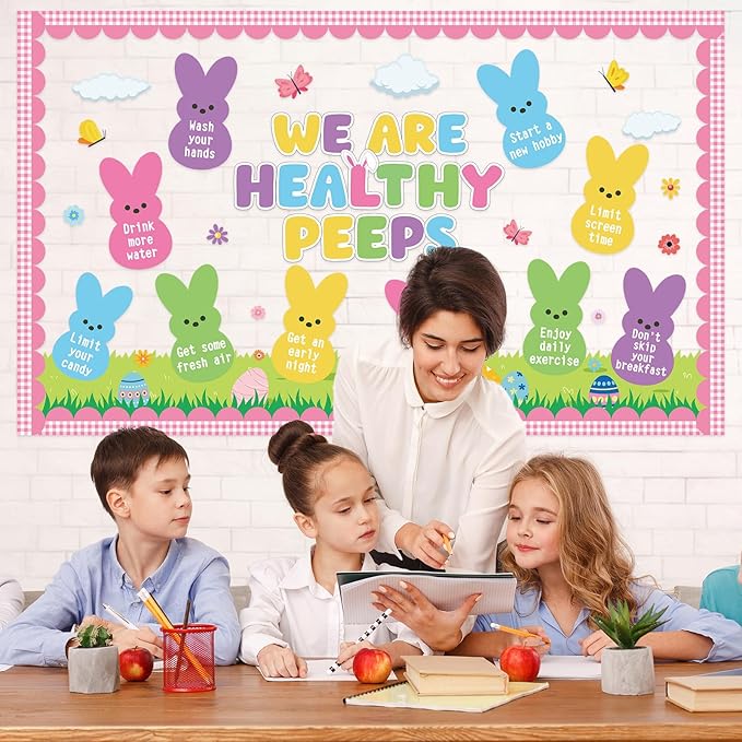 Easter Health Bulletin Board Set Easter Health Habits Classroom Decoration Spring Bunny Rabbit Good Habit Paper Cutouts Spring Classroom Decoration for Spring School Chalkboard Wall Decor Supplies