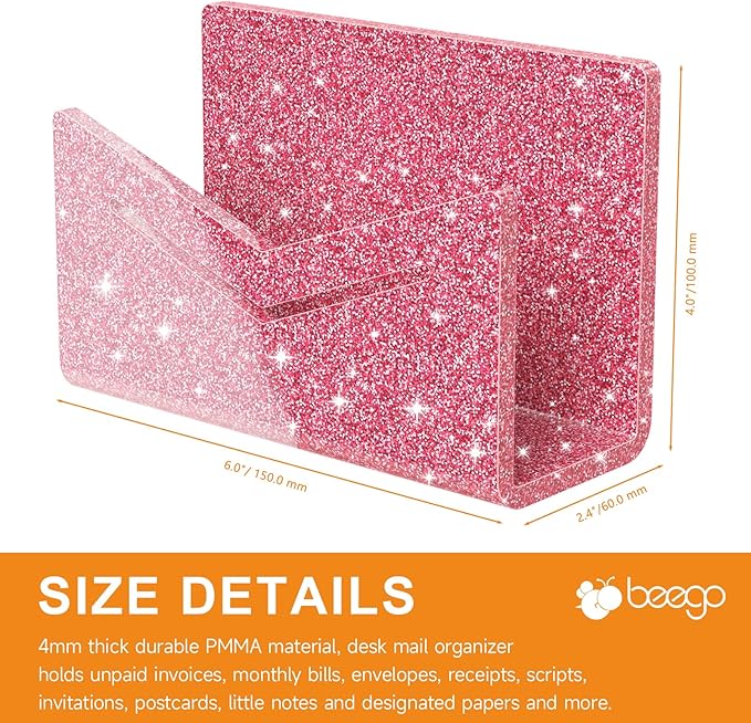 Beego Envelope and Mail Organizer Countertop - Glitter Pink Acrylic Desk Organizer Letter Holder Desktop File Sorter Bill Document Folder Rack for Office, Home, School Desk Organization