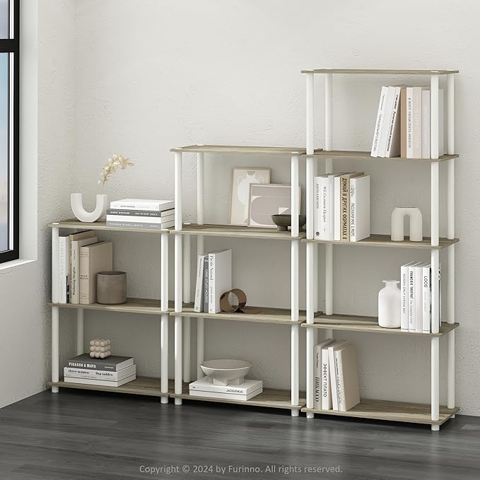 Furinno Turn-N-Tube Book Shelf, 5-Tier Bookshelf, Bookcase with Multipurpose Compact Display Rack, 11.6 x 23.6 x 57.4, for Living Room, Bedroom, Home Office, Sonoma Oak/White