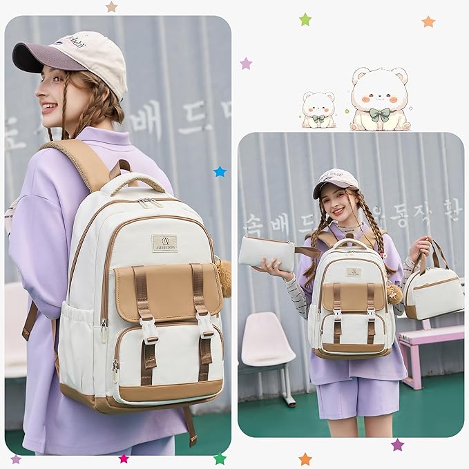 AO ALI VICTORY School Backpack for Girls Women 15.6 Inch Laptop Backpacks College Bookbag Cute Kids Elementary Middle High School Bag with Lunch Box Set for Teens Students Travel Daypack, Brown Set