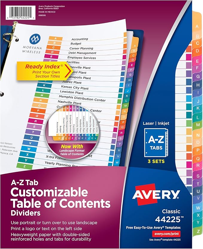 Avery A-Z Dividers for 3 Ring Binders, 26 Tabs per Set, Customizable Table of Contents, Multicolor Tabs, Great for Organizing Reports, Projects, and More (3 Sets of 44225)