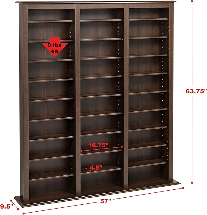 Prepac Barrister 3 Column 63.75" Media Storage, Wood Multimedia Storage Unit with 27 Adjustable Shelves, Modern Multimedia Cabinet with Removable Shelves for Books, Medias and Collectibles, Espresso