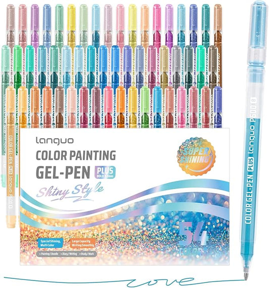Glitter Gel Pens, 54 Pack Glitter Pens For Adults Coloring Books, 1.0mm Point Colored Pens, Large Capacity Ink Pens for Coloring, Writing, Drawing, Journaling, Note Taking, Office, Home