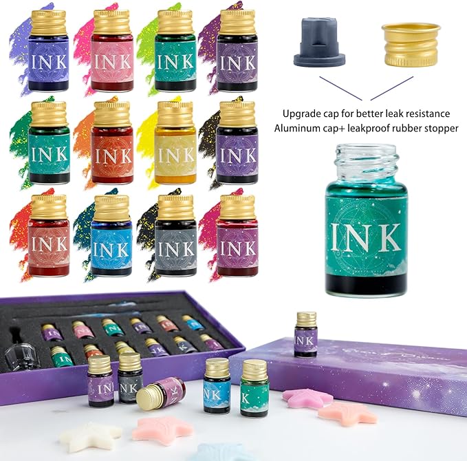 Glass Dip Pen Ink Set, 16pcs Fountain Calligraphy Pens Set, 2 Crystal Signature Glass Pen, 12 Gold Powder Drawing Ink Drip Tool for Art Writing Signatures Beginners Valentines Day Gift