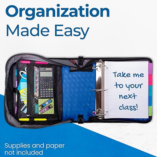 Case-it King Sized Zip Tab School Zipper Binder | 4-Inch D-Rings, 800 Sheet Capacity, 5-Subject Expanding File Folder, Multiple Pockets & Storage Organizer, Shoulder Strap | D-186 Midnight Blue