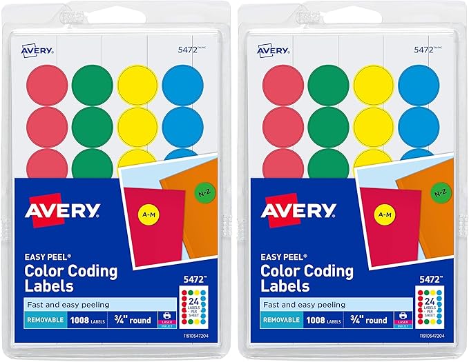 Avery Removable Color-Coding Labels, Removable Adhesive, Assorted Colors, 3/4" Diameter, 1,008 Labels (5472) (Pack of 2)