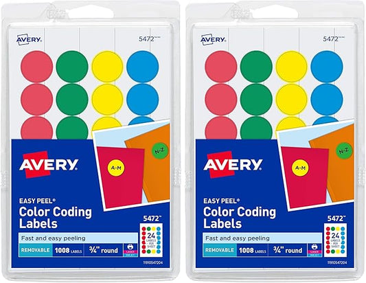 Avery Removable Color-Coding Labels, Removable Adhesive, Assorted Colors, 3/4" Diameter, 1,008 Labels (5472) (Pack of 2)