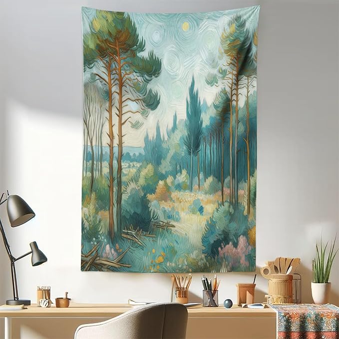 Ambesonne Forest Tapestry, Trees Bushes Sky with Dramatic Brush Stroke Effects Post-Impressionism, Fabric Wall Hanging Decor for Bedroom Living Room Dorm, 30" X 45", Cadet Blue Green Amber