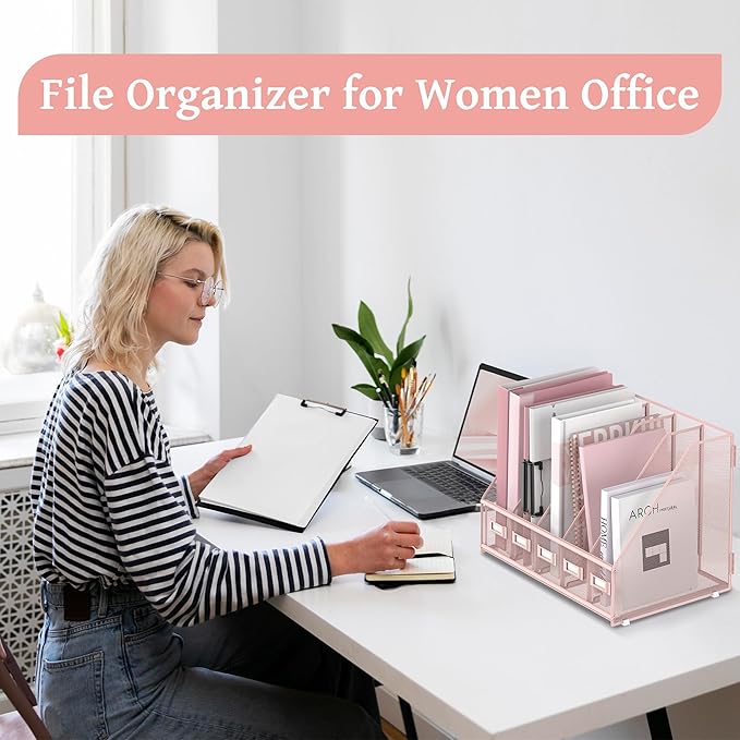 SUPEASY Desk Organizers Metal Desk Magazine File Holder with 5 Vertical Compartments Rack File Organizer for Office Desktop, Home Workspace, Pink